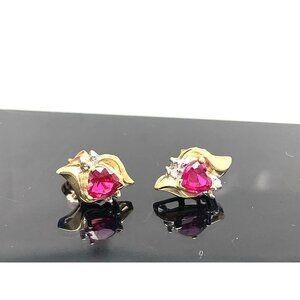 10k Yellow Gold Heart Shape Pink Gemstone Diamond Womens Earrings Estate Jewelry